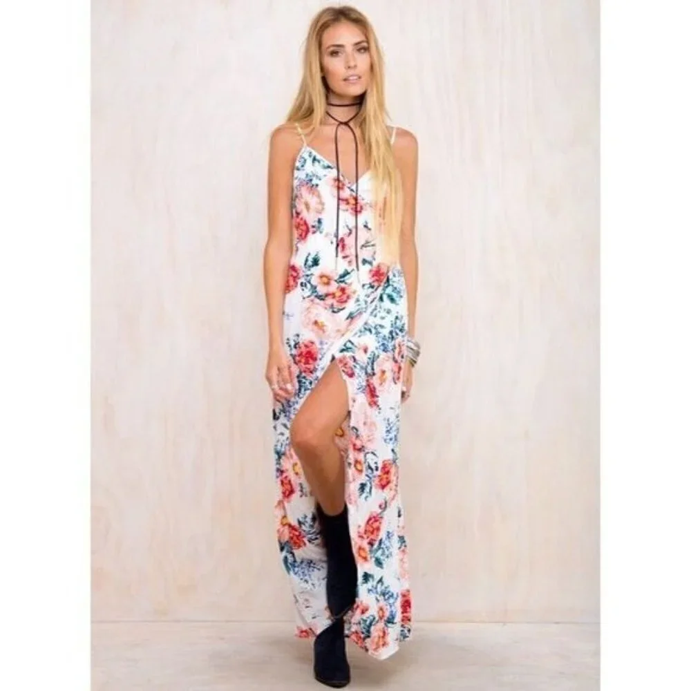 MinkPink White Little Blooms Floral Semi Wrap V Neck Maxi Slit Sun Dress Medium